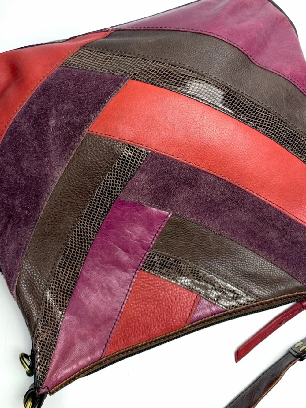 Fossil Patchwork Leather Hobo Bag Multicolor Brown Red Boho Key Charm Vintage